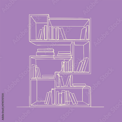 Minimalist line art of a modern bookshelf with various books and compartments on a purple