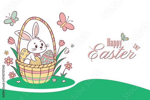 Easter Bunny with Eggs in Basket and Happy Easter Greeting