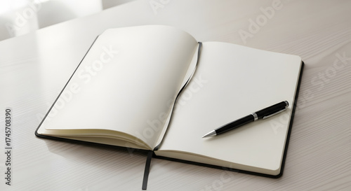 An open notebook with blank pages and a black pen resting on the right page on a white surface