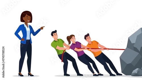 Dynamic teamwork video shows diverse group pulling rope for success, led by confident businesswoman, symbolizing collaboration and achieving goals together