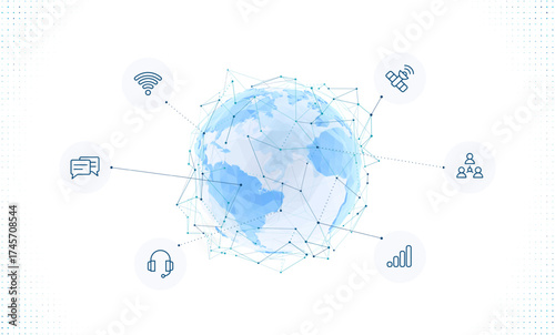 Abstract polygonal earth globe. Connected digital lines, communication icons. Worldwide connection concept, online network, real-time information exchange. Global internet and social communication.