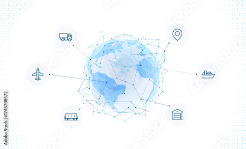 Digital earth globe made of polygons with logistics and transportation icons around. Concept of global trade, delivery, and supply chain management using modern technology and data connectivity.