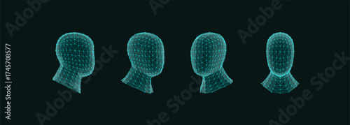 Abstract 3D digital human head set. Poly wireframe mesh technology, vector geometric lines. Design for network connections, futuristic innovation. Business, science and artificial intelligence concept