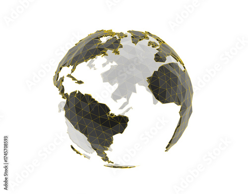 Polygonal 3D globe. Digital wireframe sphere. Abstract geometric earth map, global ai technology and data network structure. Low poly planet concept isolated on white background.