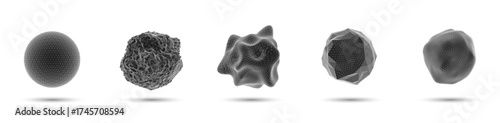 Polygonal 3D spheres set. Abstract geometric deformations in sharp, smooth, fractured and spiky styles. Futuristic digital shapes for artificial intelligence, data transformation and technology design