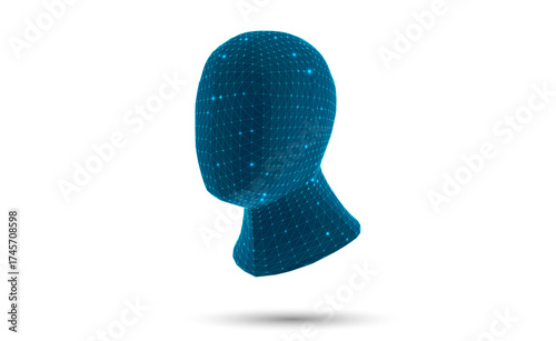 Polygonal 3D head, blue glow on wireframe nodes. Abstract geometric for neural networks, artificial intelligence, and digital technology. Futuristic low poly human concept. Vector on white background.