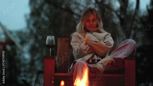 A happy woman warms herself by the fire while sitting in a chair outside at dusk