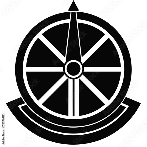 Illustration of a black and white compass rose, a navigational instrument used to show direction relative to the cardinal directions