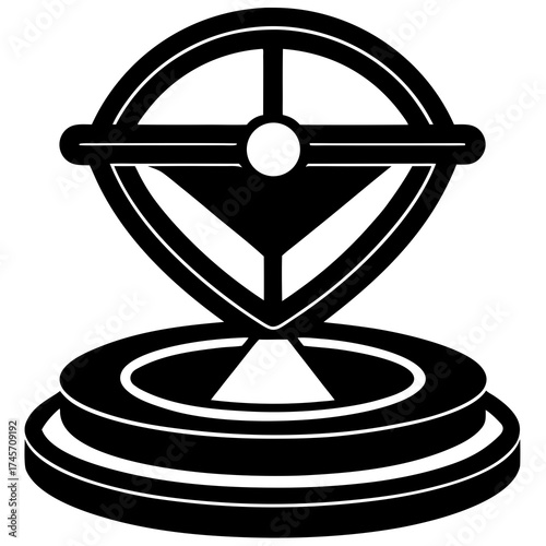 Illustration of a black and white armillary sphere, a model of objects in the sky, consisting of rings centered on earth