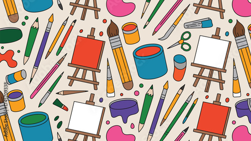Seamless vector pattern with colorful school and office stationery supplies set
