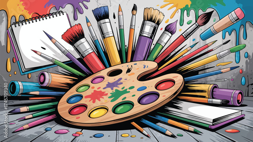 An artist's palette with paints and brushes alongside other color and drawing supplies is essential equipment for art education