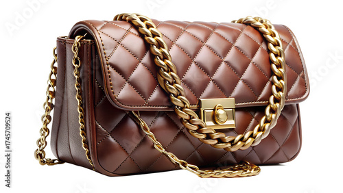Elegant brown leather quilted handbag with golden chain strap isolated on transparent background, a stylish accessory