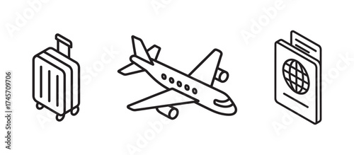Airplane suitcase and passport isometric icons