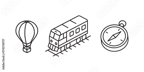 Train compass and hot air balloon isometric icons