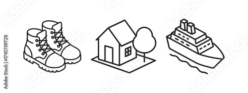 House ship and shoes isometric icons