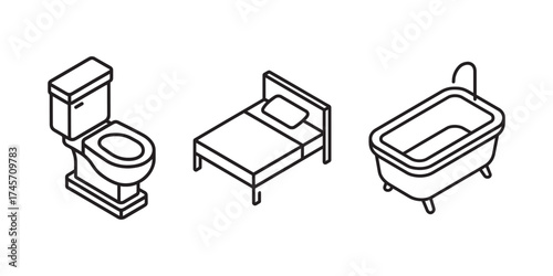 Bathroom toilet and bed isometric icons
