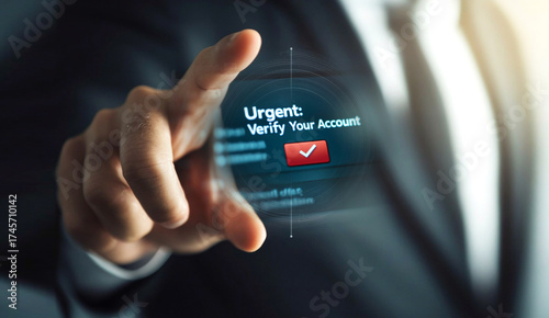 A tense digital close-up of a person hand interacting with a screen, highlighting an urgent email in the inbox. phishing scam urgent email hand digital inbox. cybersecurity alert urgent email scam