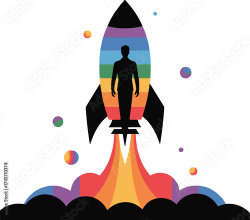 Silhouette of a person in a rainbow rocket launching into space with planets