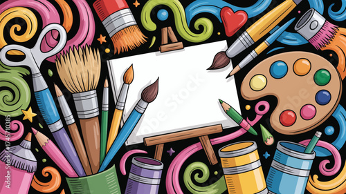 A vibrant array of school and office supplies for education and art, including paper, pencils, pens, paintbrushes, and scissors, arranged as a back to school theme on a white background