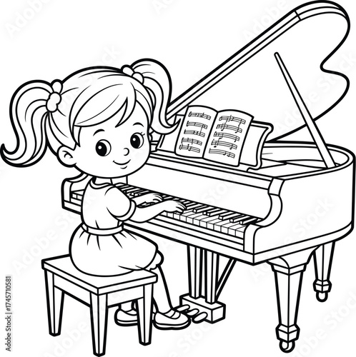 A little girl and a boy play the grand piano as a pianist creates classical music