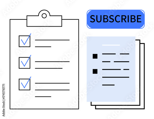 Checklist with blue checkmarks on clipboard, stacked documents, and blue Subscribe button. Ideal for organization, task planning, subscription services, productivity, reminders, content management