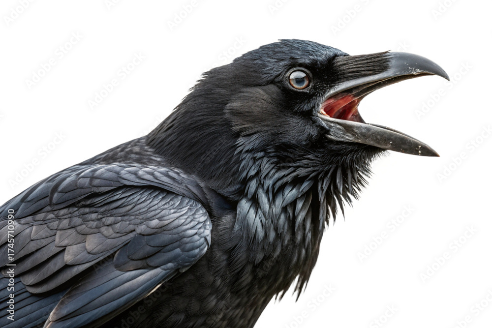 Fototapeta premium Angry crow cutout, transparent image.png. Cawing. Kitchen scraps. Natural predator. Garbage disposal. Black crow. Black bird.