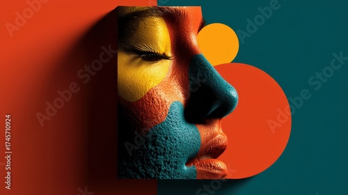 This creative depiction features a close-up of a human face decorated in vibrant colors, showcasing bold geometric shapes that evoke emotions and artistic expression.