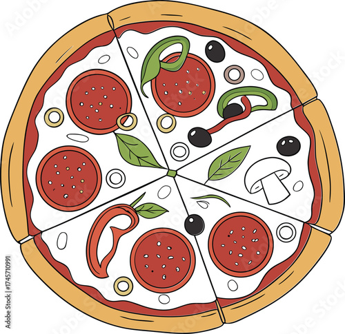 Appetizing Illustrative Image of a Freshly Made Pizza with Toppings Like Pepperoni Mushrooms, Olives and Bell Peppers on a Golden Crust