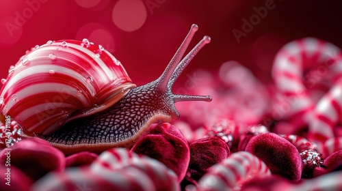 A striking image of a snail with a candy-striped shell resting on a bed of velvet and peppermint candies, evoking a sense of playfulness and indulgence amidst vibrant colors.
