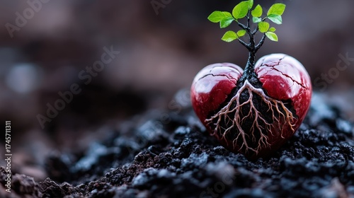 This captivating image features a vibrant heart with roots and a sapling, symbolizing growth, resilience, and love emerging from adversity in a natural setting, evoking inspiration.