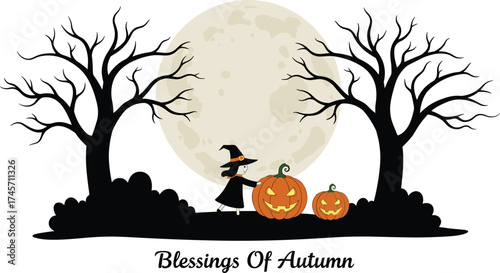 Autumn blessings Halloween illustration, cute witch with pumpkins, full moon night scene, spooky forest art, fall season design