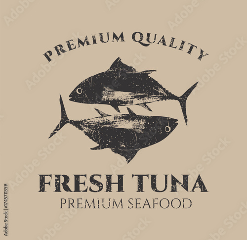 Vector banner with two tunas on theme of marine animals and ocean life. Logo, menu, label for restaurant, cafe. Signboard for fish market, store. Canned food. Print, fabric, textile. T-shirt. 