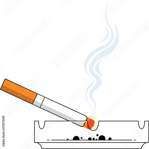 Burning cigarette in ashtray with smoke rising, flat illustration for health awareness, addiction concept, and anti-smoking campaign art