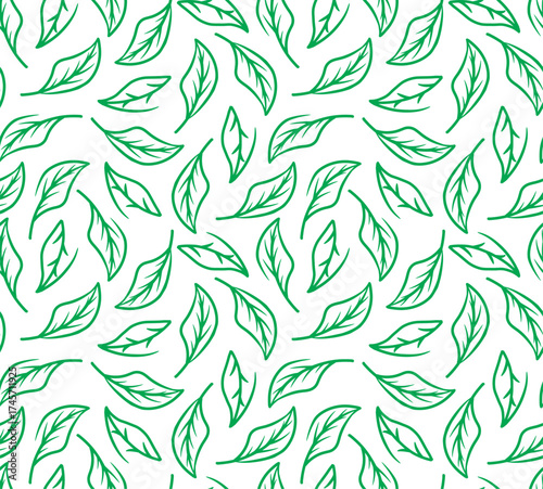 Seamless green leaf pattern in minimalist line art style. Elegant natural vector background perfect for packaging, wallpaper, fabric, and eco-friendly designs