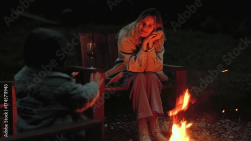 A mother and son are sitting by a fire and talking, focusing on the woman.