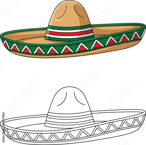 Mexican sombrero hat vector, traditional culture illustration, colorful fiesta design, Mexico costume accessory, ethnic fashion, coloring page art, festival icon