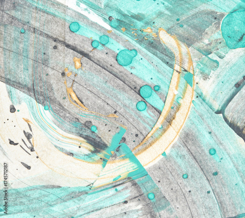 Abstract teal and gold acrylic paint strokes with dynamic splashes and textured patterns.