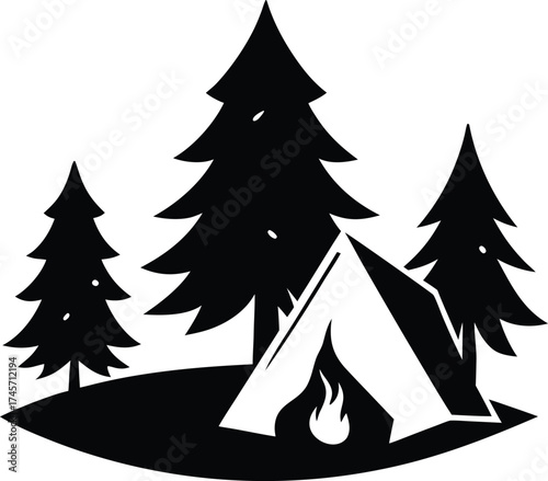 Black silhouette of a camping tent with a campfire and pine trees isolated on white background isolated on transparent background