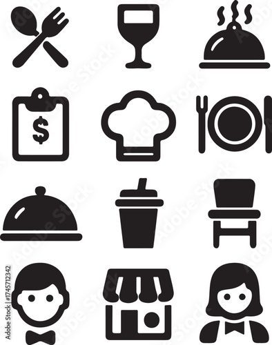 set of icons of kitchen, food icons set, plate, fork, knife and spoon, set logotype menu, kitchen elements set icon black silhouette vector on white background.
