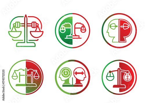 Diverse Icon Set Depicting Balance Justice Mental Health and Physical Fitness in Circles