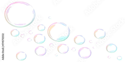 Pink and blue Easter eggs are suspended in an illustration of transparent liquid bubbles with a light purple and aqua sky pattern