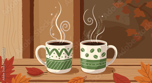 Wallpaper Mural Two steaming coffee mugs with green patterns on a wooden surface, autumn leaves, cozy fall scene, hot beverage, hygge, warmth, illustration

 Torontodigital.ca