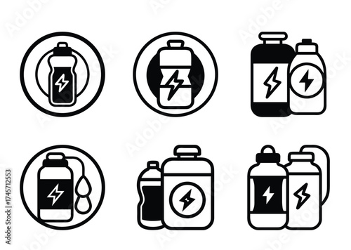 Set of black and white energy drink supplement icon symbols