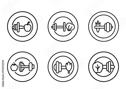 Set of black line icons representing healthy lifestyle and eco wellness
