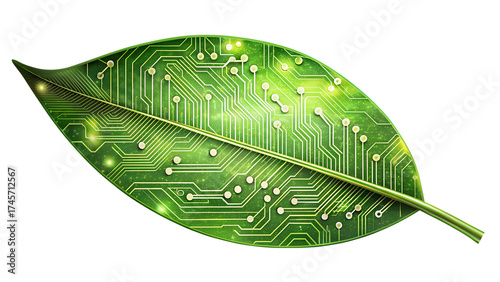 Green leaf with electronic circuit pattern isolated on transparent background, symbolizing ecofriendly technology