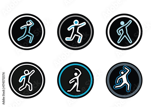 Stylized Running and Walking Icons on Circular Backgrounds with varying borders