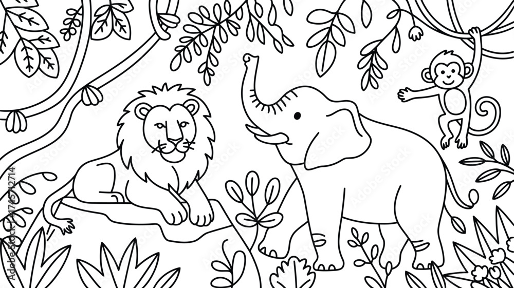 Fototapeta premium Seamless pattern vector illustration set with cute cartoon elephant and flower elements, perfect for a coloring book design