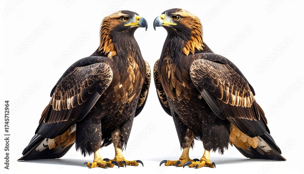 Obraz premium Two majestic golden eagles standing proudly together on a clean white background.