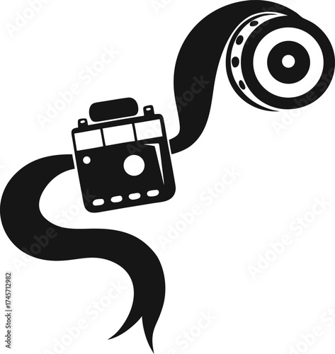 Retro film camera with a long ribbon of film unwinding and curling in a stylized silhouette isolated on white background isolated on transparent background