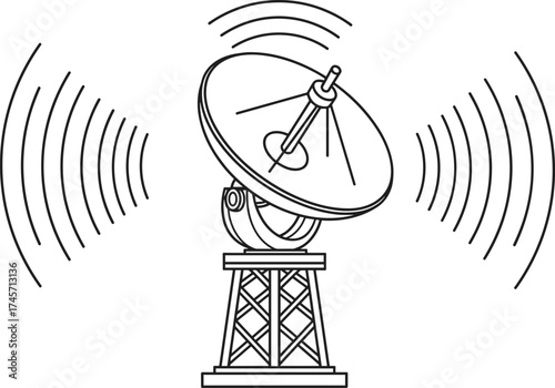 Line art drawing of a large satellite dish antenna on a tower, transmitting or receiving signals with sound waves, broadcasting, communication, technology, icon

